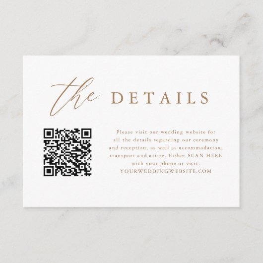 Gold Elegante Calligrafy QR Code Hochzeitdetails Begleitkarte (Vorderseite)