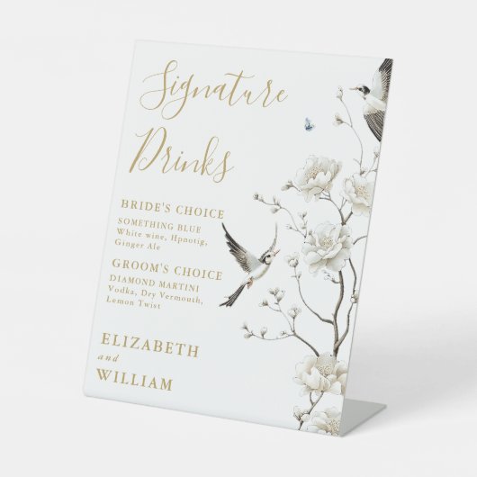 Gold Elegante Chinoiserie Signature Drinks Hochzei Sockelschild (Vorderseite)