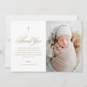 Gold Elegante Cross Calligrafy Foto Taufe Dankeskarte (Vorderseite)