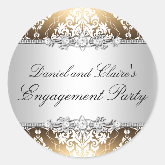 Gold Elegante Damask Engagement Party Aufkleber (Vorderseite)