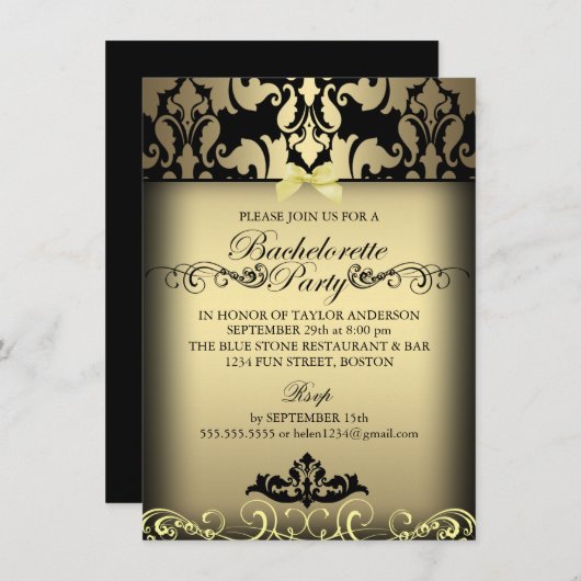 Gold Elegante Damask Junggeselinnen-Abschied Einla Einladung (Vorne/Hinten)