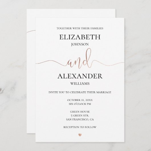 Gold elegante einfache Hochzeit. Angaben zur Kalli Einladung (Vorne/Hinten)