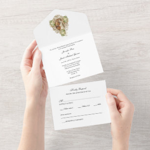 Gold Elegante Katholische Florale Hochzeit  All In One Einladung
