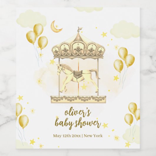 Gold Elegante Magical Balloon Carousel Baby Shower Weinetikett (Einzelnes Label)