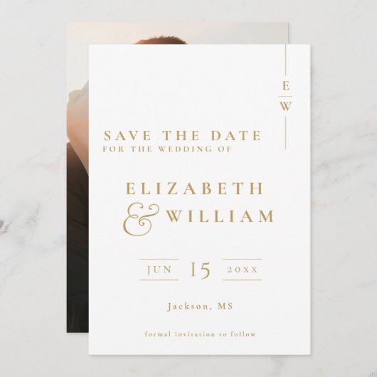 Gold Elegante Moderne Monogram Foto Hochzeit Save The Date (Vorne/Hinten)