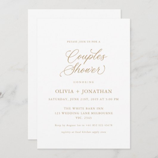 Gold Elegante Moderne Paare Duschkalligraphie Einladung (Vorne/Hinten)
