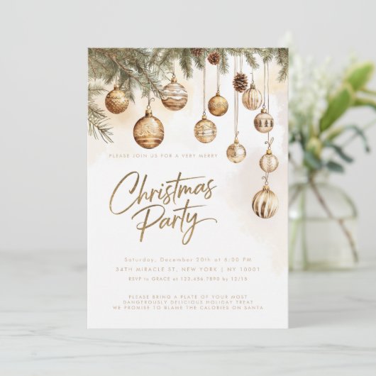 Gold Elegante Ornaments Baubles Weihnachts-Party Einladung (Stehend Vorderseite)