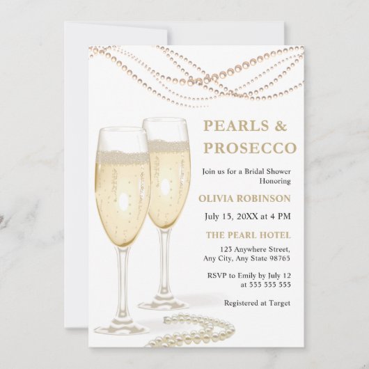 Gold Elegante Perlen und Prosecco Brautparty Einladung (Vorderseite)