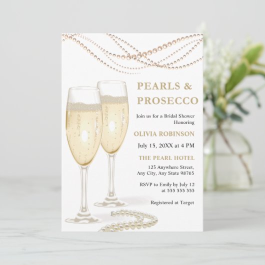 Gold Elegante Perlen und Prosecco Brautparty Einladung (Stehend Vorderseite)
