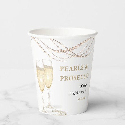 Gold Elegante Perlen und Prosecco Brautparty Pappbecher (Rückseite)