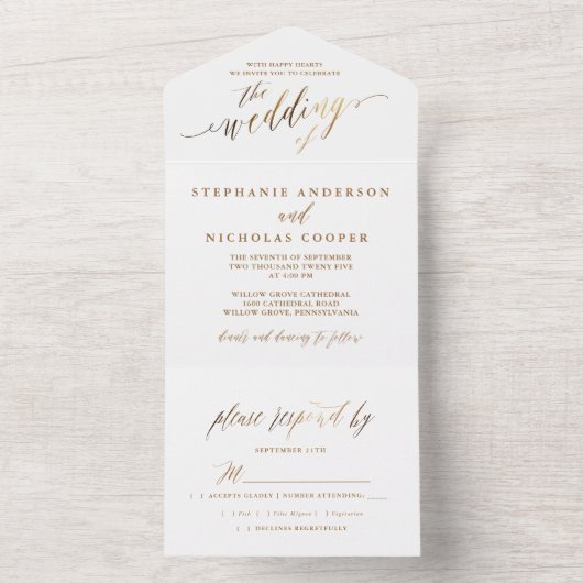 Gold Elegante Script-Einladung All In One Einladung (Innen Boden)