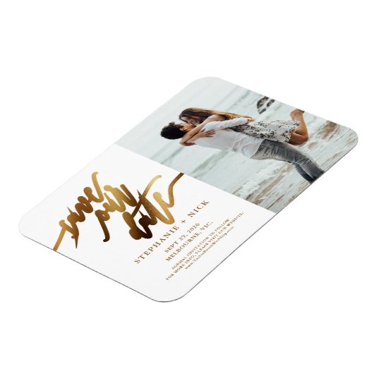 Gold Elegante Script Einladung Magnet (Linke Seite)