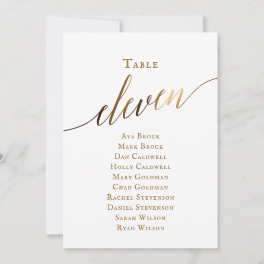Gold Elegante Script-Tischnummer 11 Seating Chart Einladung (Vorderseite)
