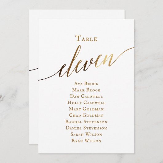 Gold Elegante Script-Tischnummer 11 Seating Chart Einladung (Vorne/Hinten)