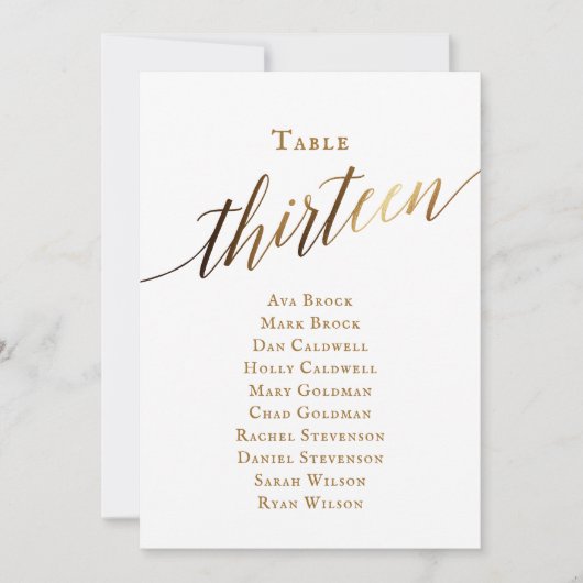 Gold Elegante Script-Tischnummer 13 Seating Chart Einladung (Vorderseite)