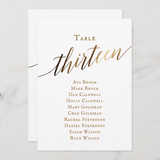 Gold Elegante Script-Tischnummer 13 Seating Chart Einladung (Vorne/Hinten)
