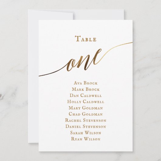 Gold Elegante Script-Tischnummer 1 Seating Chart Einladung (Vorderseite)