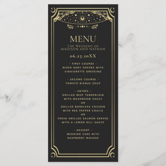 Gold Elegante Tarot Card Hochzeit Menükarte (Vorderseite)