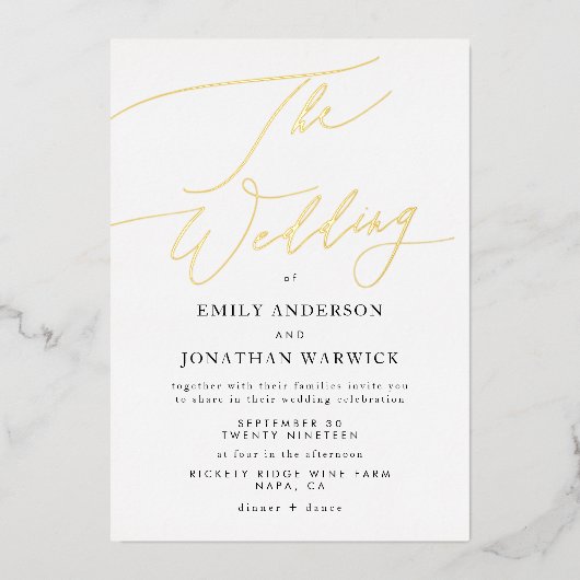 Gold Elegante traditionelle kalligraphische Hochze Folieneinladung (Vorderseite)