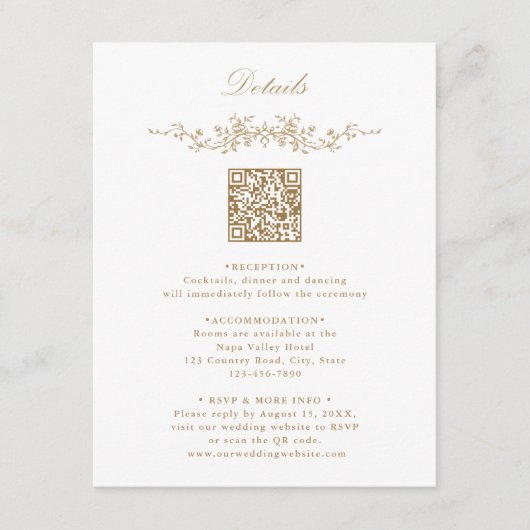 Gold Eleganter Blumengrenzencode - Hochzeitsdetail Begleitkarte (Vorderseite)