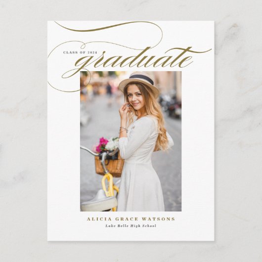 Gold Eleganter Calligraphy Foto Abschluss Einladungspostkarte (Vorderseite)