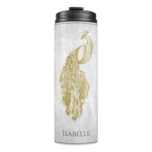 Gold Eleganter Pfau Personalisiert Thermal Tumbler Thermosbecher (Vorderseite)
