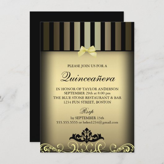 Gold Eleganter Stripe Quinceñera Party Einladung (Vorne/Hinten)