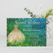 Gold Elegantes Dress Diamonds Green Sweet 16 Einladung (Stehend Vorderseite)