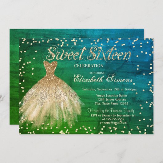 Gold Elegantes Dress Diamonds Green Sweet 16 Einladung (Vorne/Hinten)