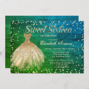 Gold Elegantes Dress Diamonds Green Sweet 16 Einladung