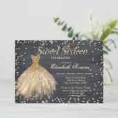 Gold Elegantes Kleid Diamonds Black Sweet 16 Einladung (Stehend Vorderseite)