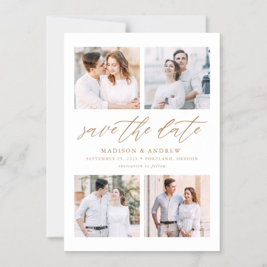Gold Elegantes Script 4 FotoCollage Save the Date Magneteinladung (Vorderseite)