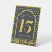 Gold Elephant & Lotus Blume Hochzeit Tischnummer Sockelschild (Vorderseite)