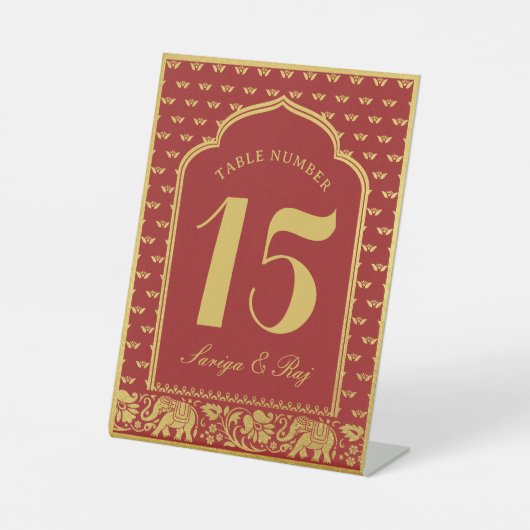 Gold Elephant & Lotus Blume Hochzeit Tischnummer Sockelschild (Vorderseite)