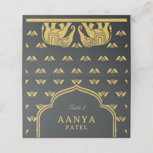 Gold Elephant & Lotus Blume Hochzeitsname Platzkarte (Außenseite Aufgefaltet)