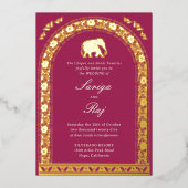 Gold Elephant & Lotus Blume Indische Hochzeit Folieneinladung (Vorderseite)