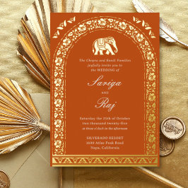 Gold Elephant & Lotus Blume Indische Hochzeit Folieneinladung