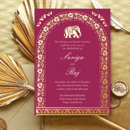 Gold Elephant & Lotus Blume Indische Hochzeit Folieneinladung
