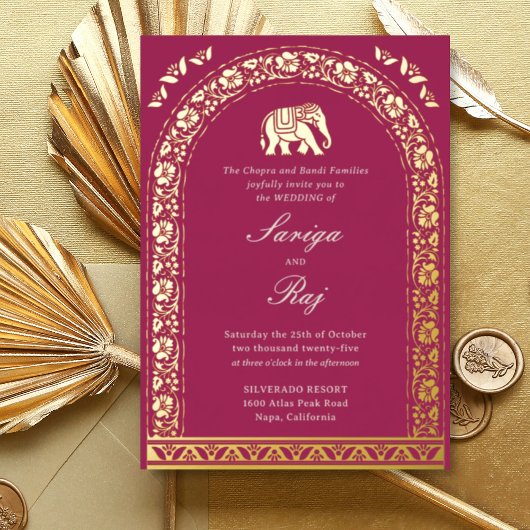 Gold Elephant & Lotus Blume Indische Hochzeit Folieneinladung