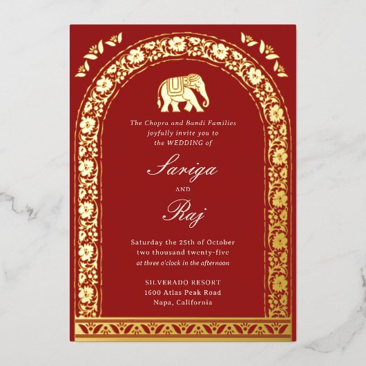 Gold Elephant & Lotus Blume Indische Hochzeit Folieneinladung (Vorderseite)