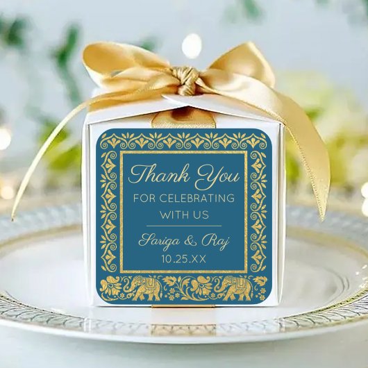Gold Elephant & Lotus Wedding Return Geschenk Gefa Quadratischer Aufkleber
