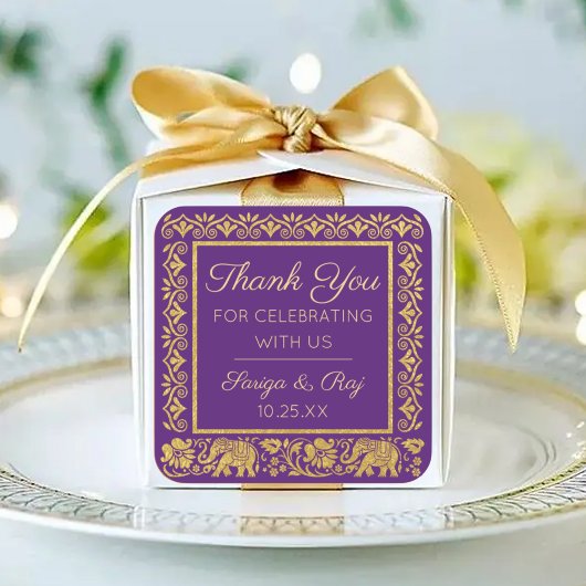 Gold Elephant & Lotus Wedding Return Geschenk Gefa Quadratischer Aufkleber