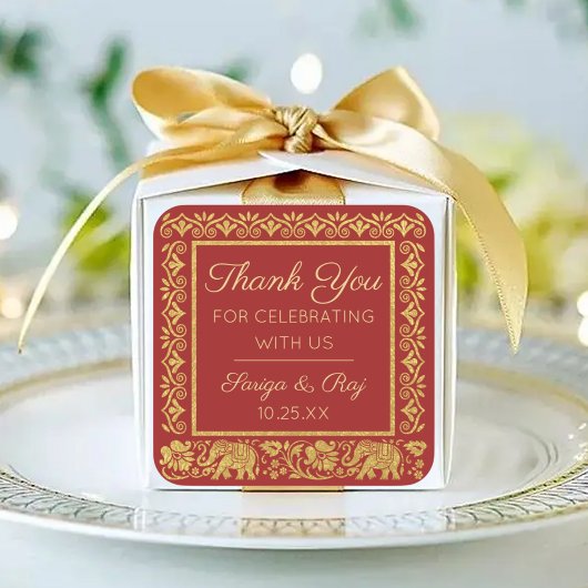 Gold Elephant & Lotus Wedding Return Geschenk Gefa Quadratischer Aufkleber