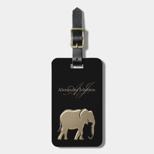 Gold Elephant Mit Monogramm Chic Black Gepäckanhänger (Vorderseite vertikal)