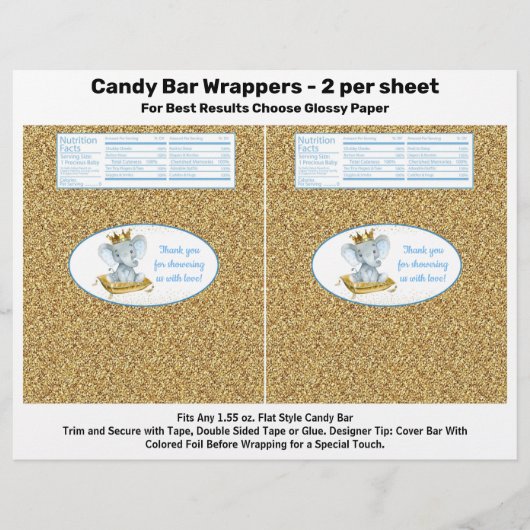 Gold Elephant Prince Baby Shower Candy Bar Wrapper Flyer (Vorne)
