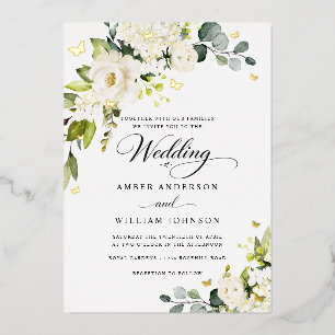 Gold Elfenbein Floral Schmetterling Hochzeit Folieneinladung