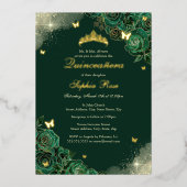Gold Emerald Butterfly Floral Quinceanera Folieneinladung (Vorderseite)
