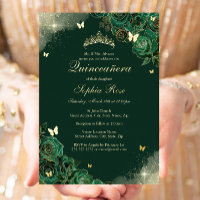 Gold Emerald Butterfly Floral Quinceanera