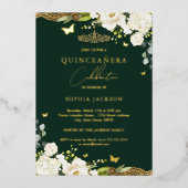 Gold Emerald Floral Lace Quinceanera Birthday Folieneinladung (Vorderseite)