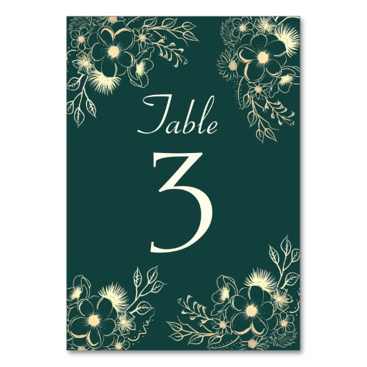 Gold Emerald Floral Wedding Tischnummer (Rückseite)